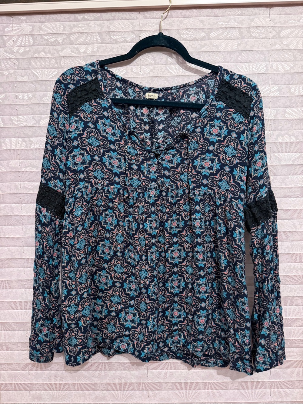 Hollister Navy Blue and Teal Floral Lace-Inset Long Sleeve Top